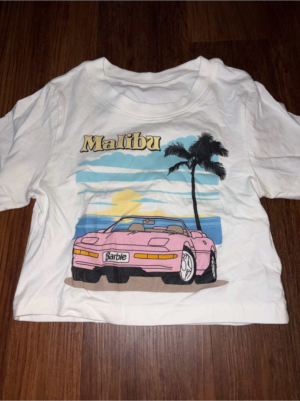 Barbie White Tee with Pink Convertible & Beach Graphic